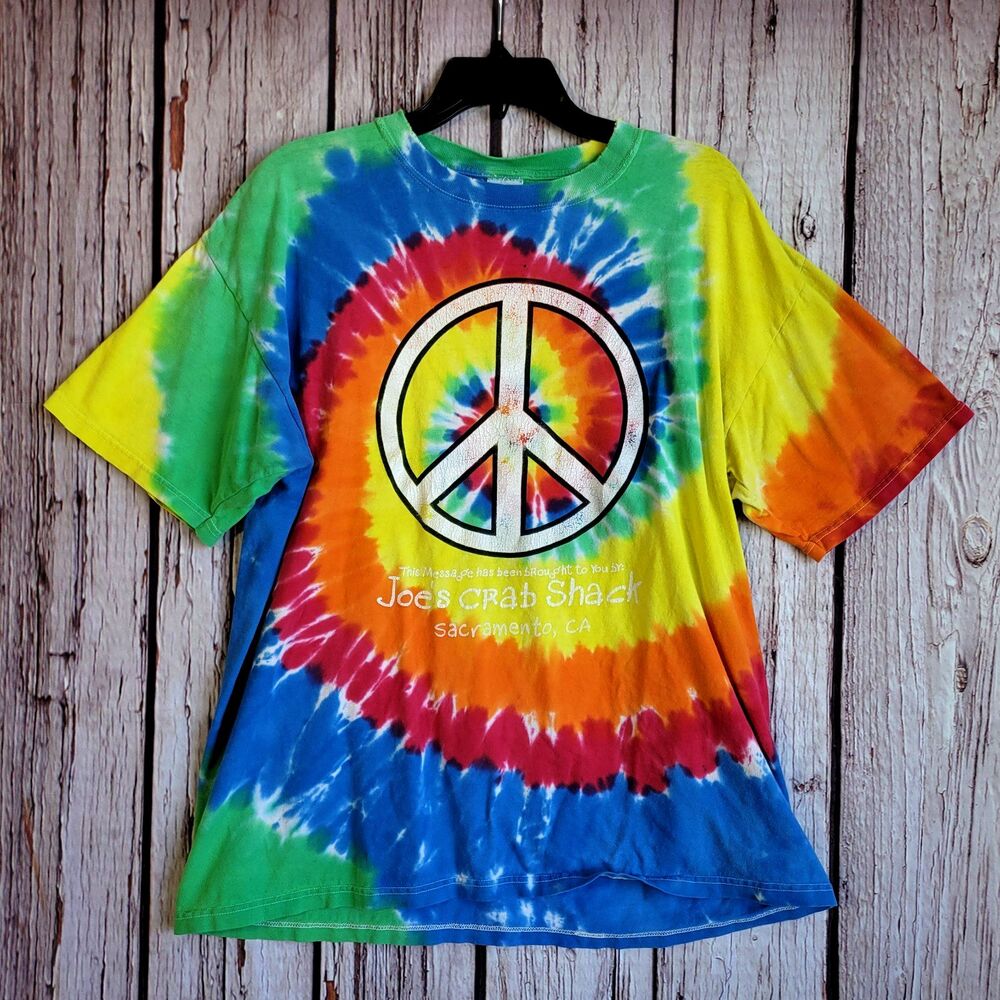 Joe's Crab Shack Sac Peace Sign XL Tie Dye T-Shirt VTG Y2K 90s Pre-Shrunk Cotton